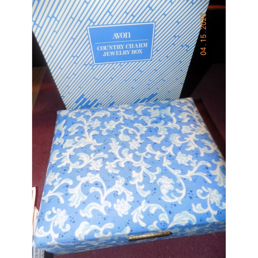 Vintage 1989 AVON Country Charm Jewelry Box - Blue Padded Fabric - NEW IN BOX